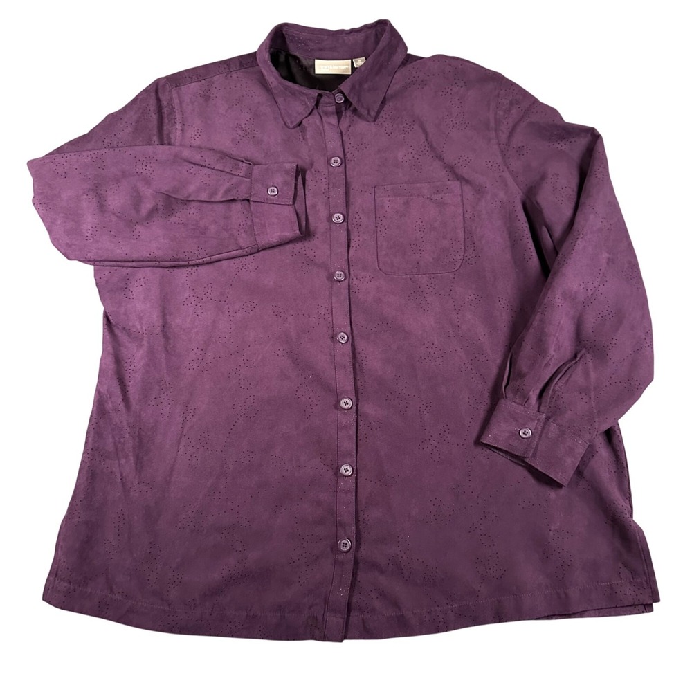 Croft Barrow Woman 1X Purple Long Sleeve Button Up Suede-Like Blouse Shirt
